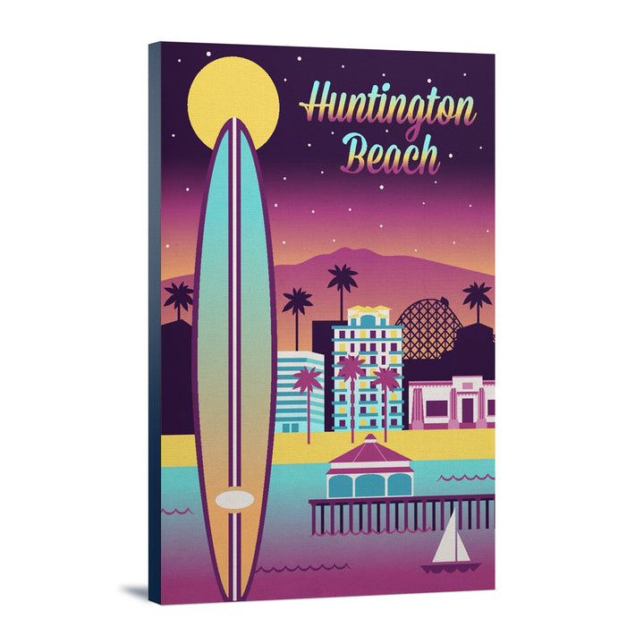 Huntington Beach, California, Retro Skyline Chromatic Series, Lantern Press Artwork, Stretched Canvas Canvas Lantern Press 12x18 Stretched Canvas 