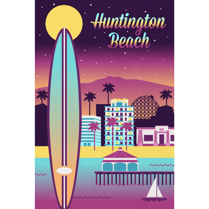 Huntington Beach, California, Retro Skyline Chromatic Series, Lantern Press Artwork, Stretched Canvas Canvas Lantern Press 