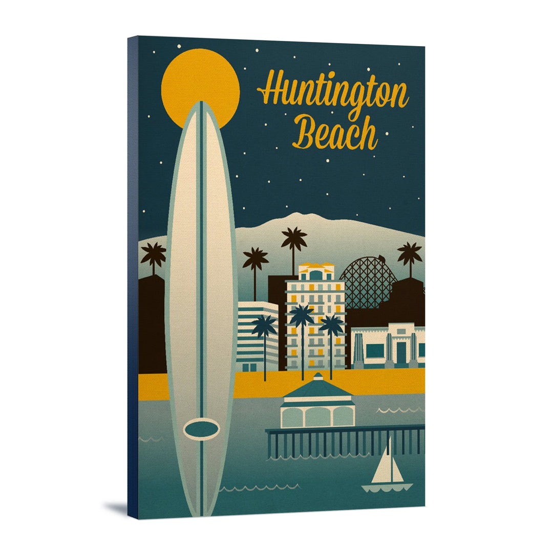 Huntington Beach, California, Retro Skyline Classic Series, Lantern Press Artwork, Stretched Canvas Canvas Lantern Press 12x18 Stretched Canvas 