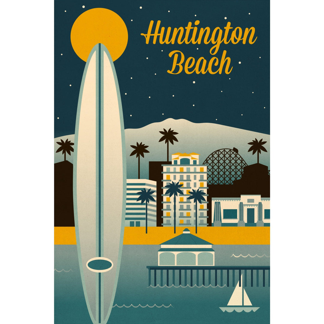 Huntington Beach, California, Retro Skyline Classic Series, Lantern Press Artwork, Stretched Canvas Canvas Lantern Press 