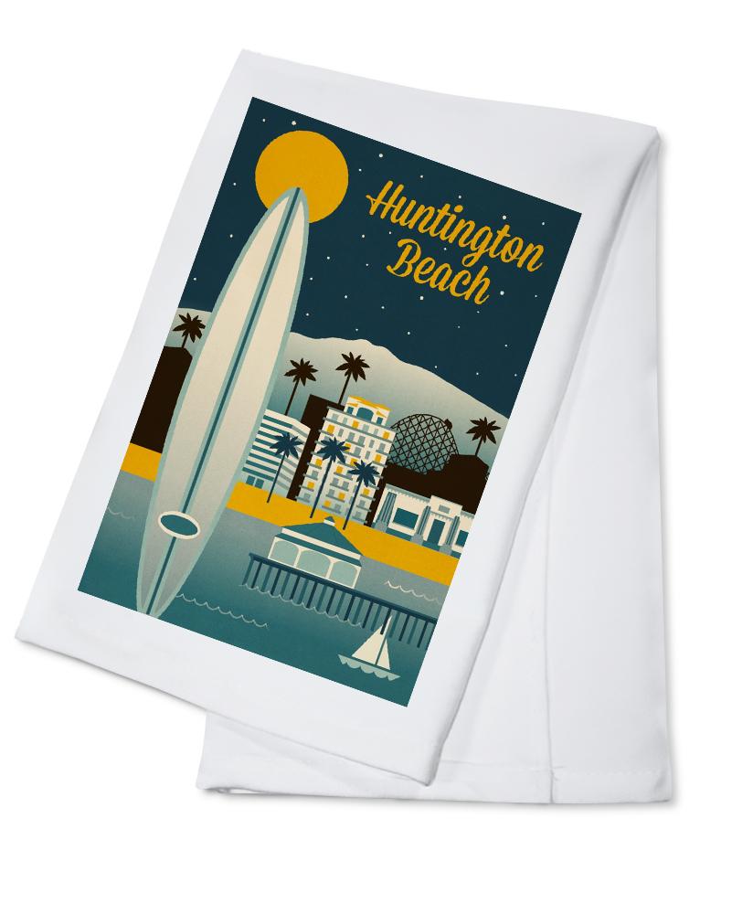 Huntington Beach, California, Retro Skyline Classic Series, Lantern Press Artwork, Towels and Aprons Kitchen Lantern Press Cotton Towel 