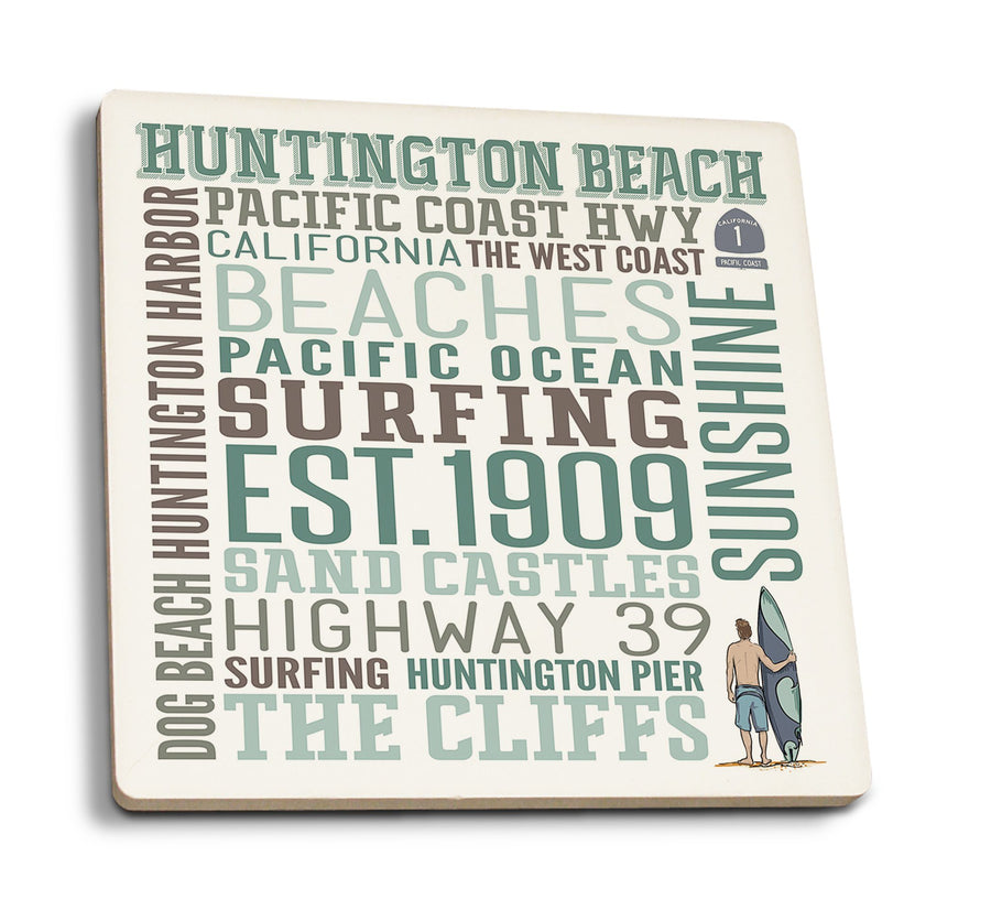 Huntington Beach, California, Typography, Lantern Press Artwork, Coaster Set Coasters Lantern Press 