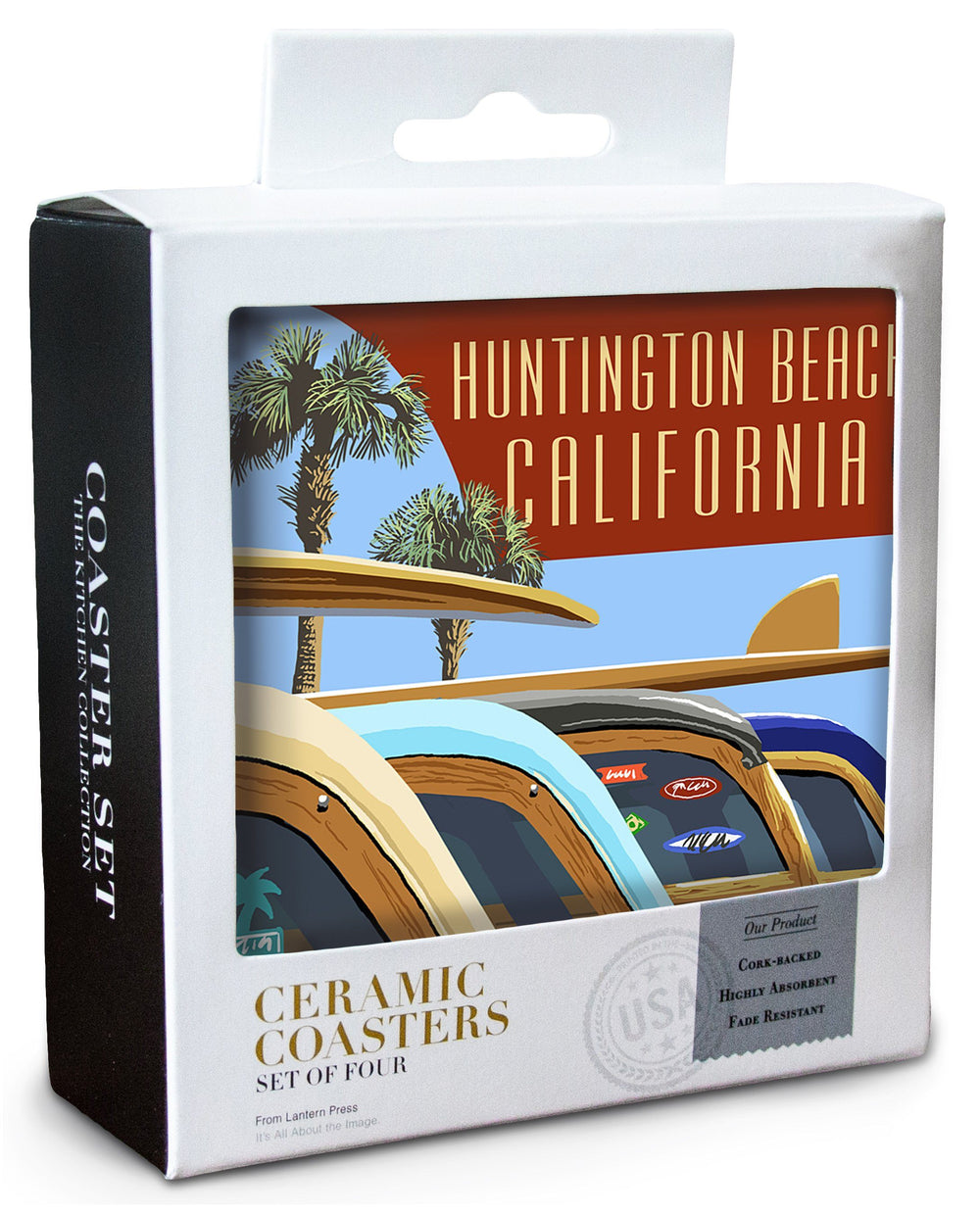 Huntington Beach, California, Woodies Lined Up, Lantern Press Artwork, Coaster Set Coasters Lantern Press 
