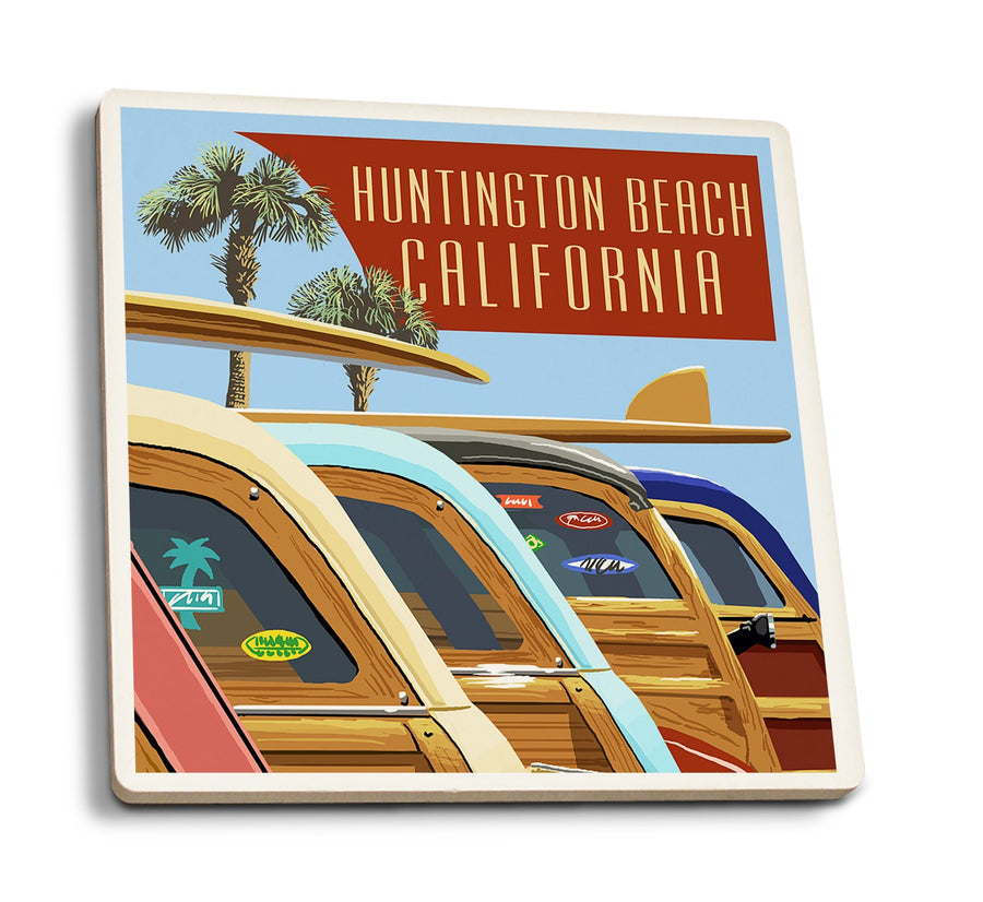 Huntington Beach, California, Woodies Lined Up, Lantern Press Artwork, Coaster Set Coasters Lantern Press 