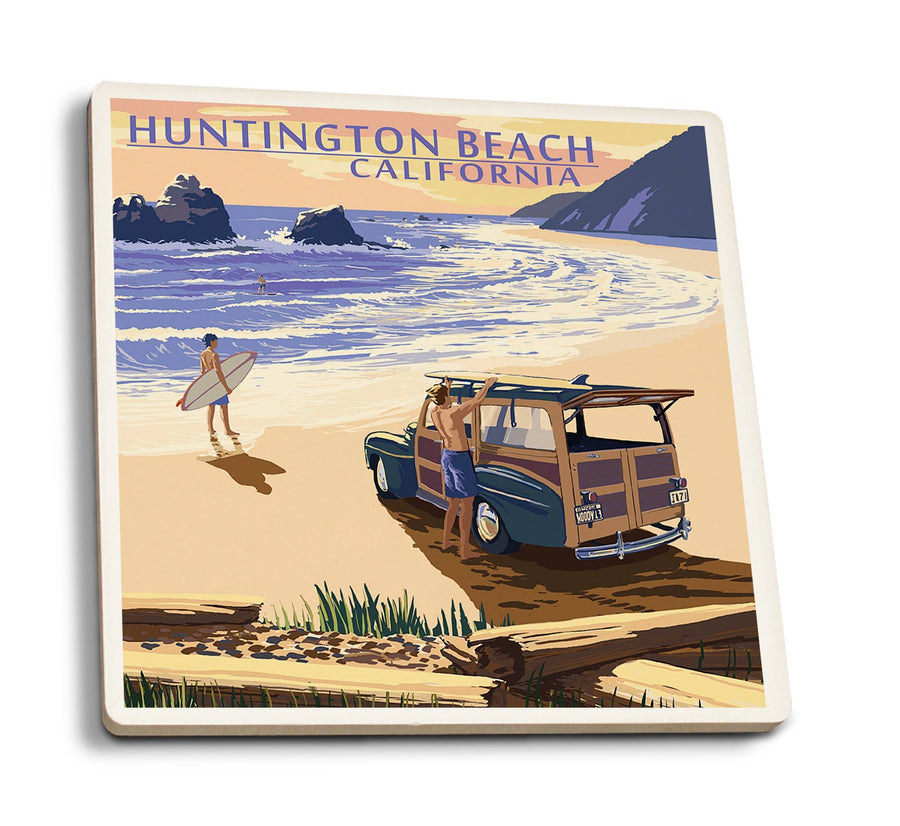 Huntington Beach, California, Woody on Beach, Lantern Press Artwork, Coaster Set Coasters Lantern Press 