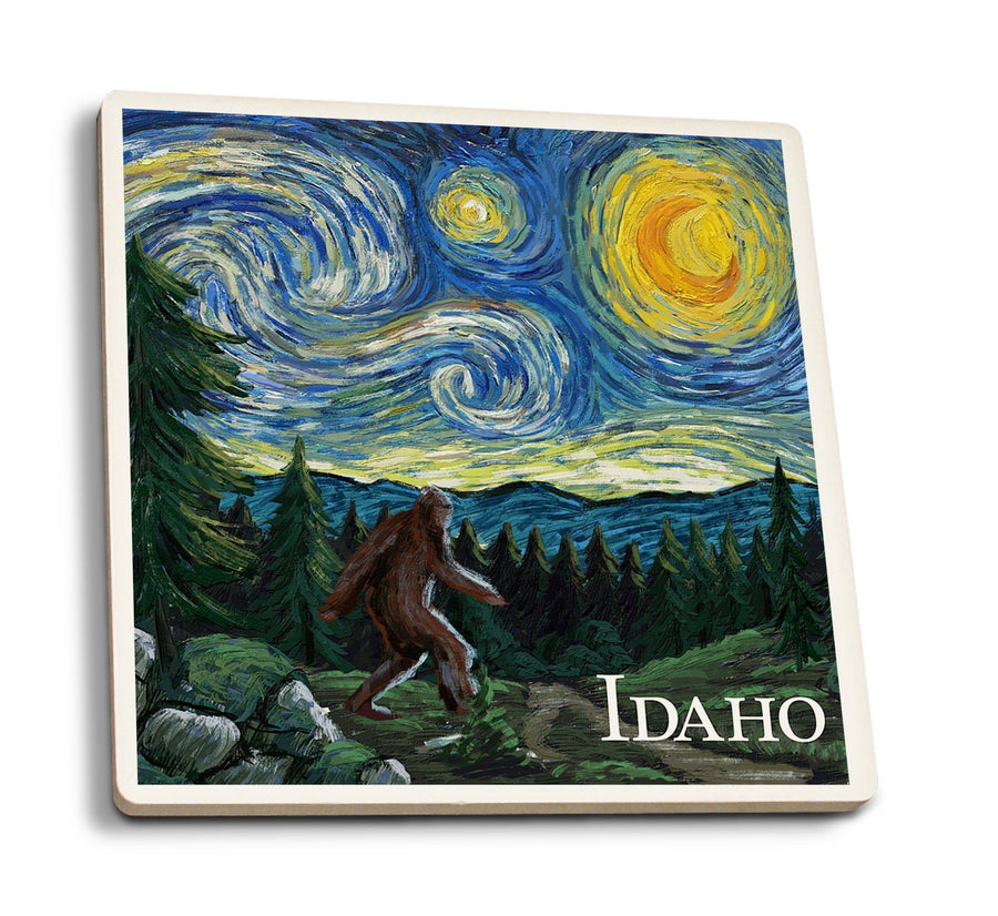 Idaho, Bigfoot, Starry Night, Lantern Press Artwork, Coaster Set Coasters Lantern Press 