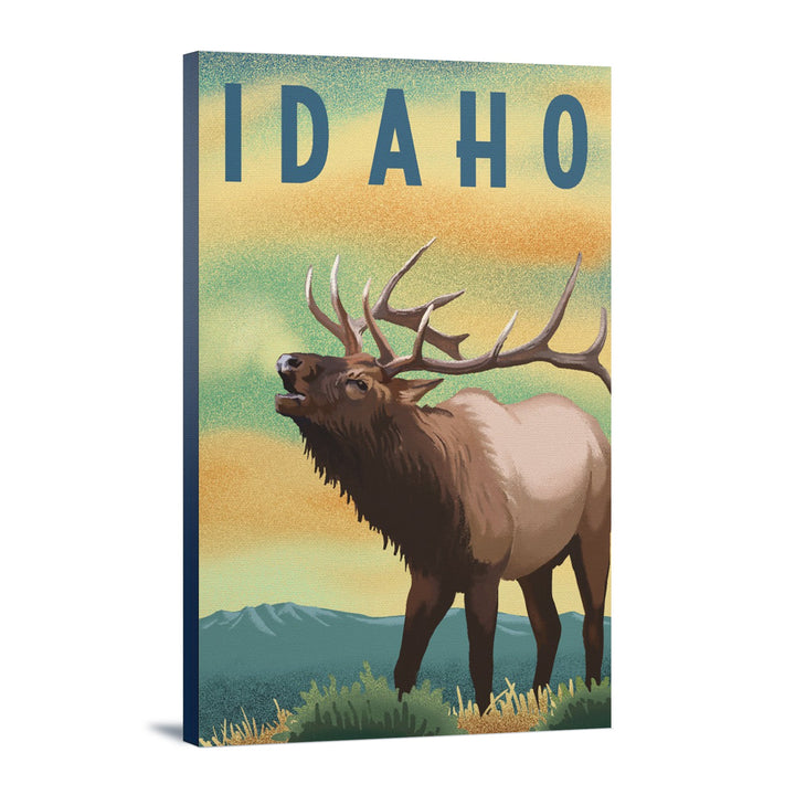 Idaho, Elk, Lithograph, Lantern Press Artwork, Stretched Canvas Canvas Lantern Press 12x18 Stretched Canvas 