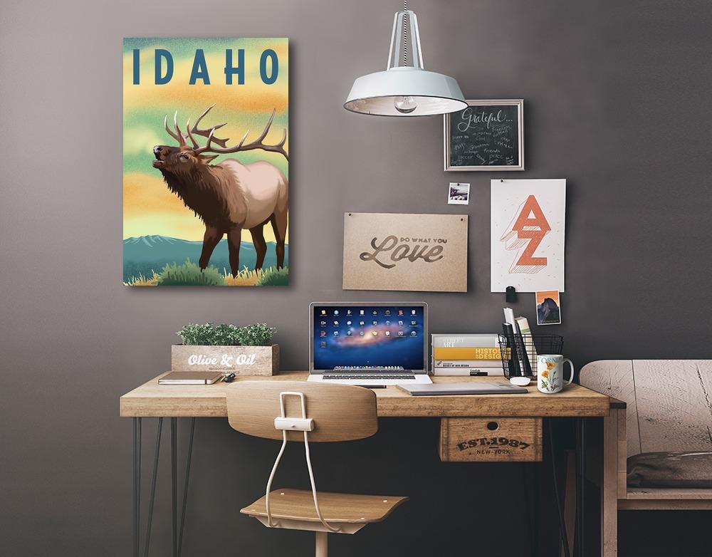 Idaho, Elk, Lithograph, Lantern Press Artwork, Stretched Canvas Canvas Lantern Press 