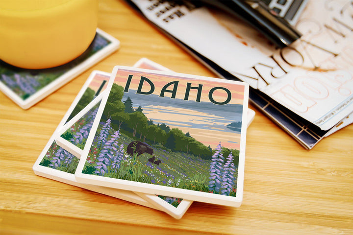 Idaho, Lake & Bear Family, Lantern Press Artwork, Coaster Set Coasters Lantern Press 