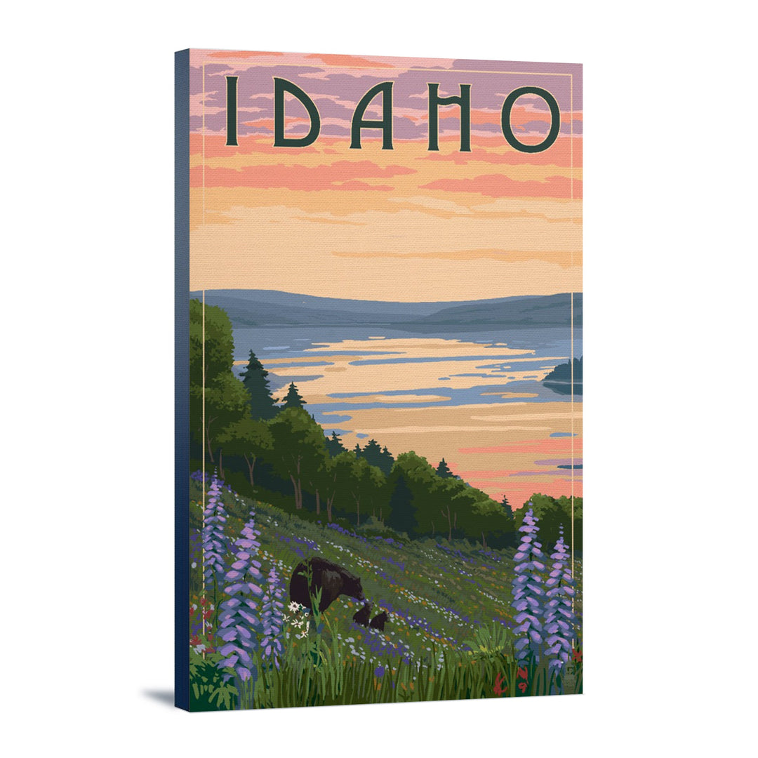 Idaho, Lake & Bear Family, Lantern Press Artwork, Stretched Canvas Canvas Lantern Press 12x18 Stretched Canvas 