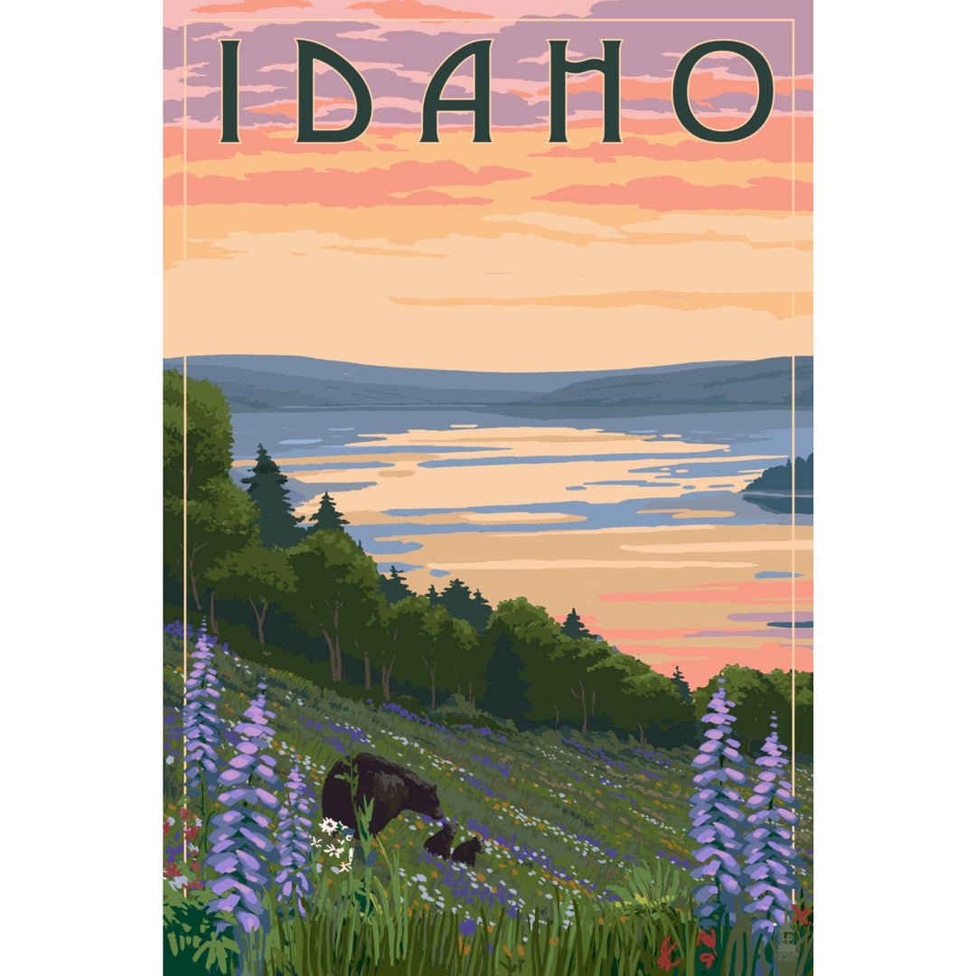 Idaho, Lake & Bear Family, Lantern Press Artwork, Stretched Canvas Canvas Lantern Press 
