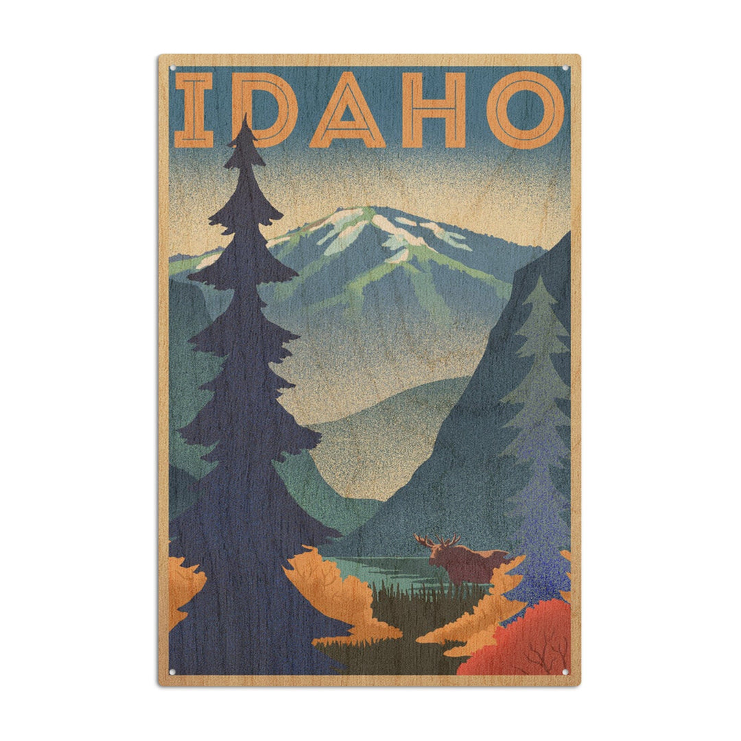 Idaho, Moose & Mountain, Lithograph, Lantern Press Artwork, Wood Signs and Postcards Wood Lantern Press 10 x 15 Wood Sign 