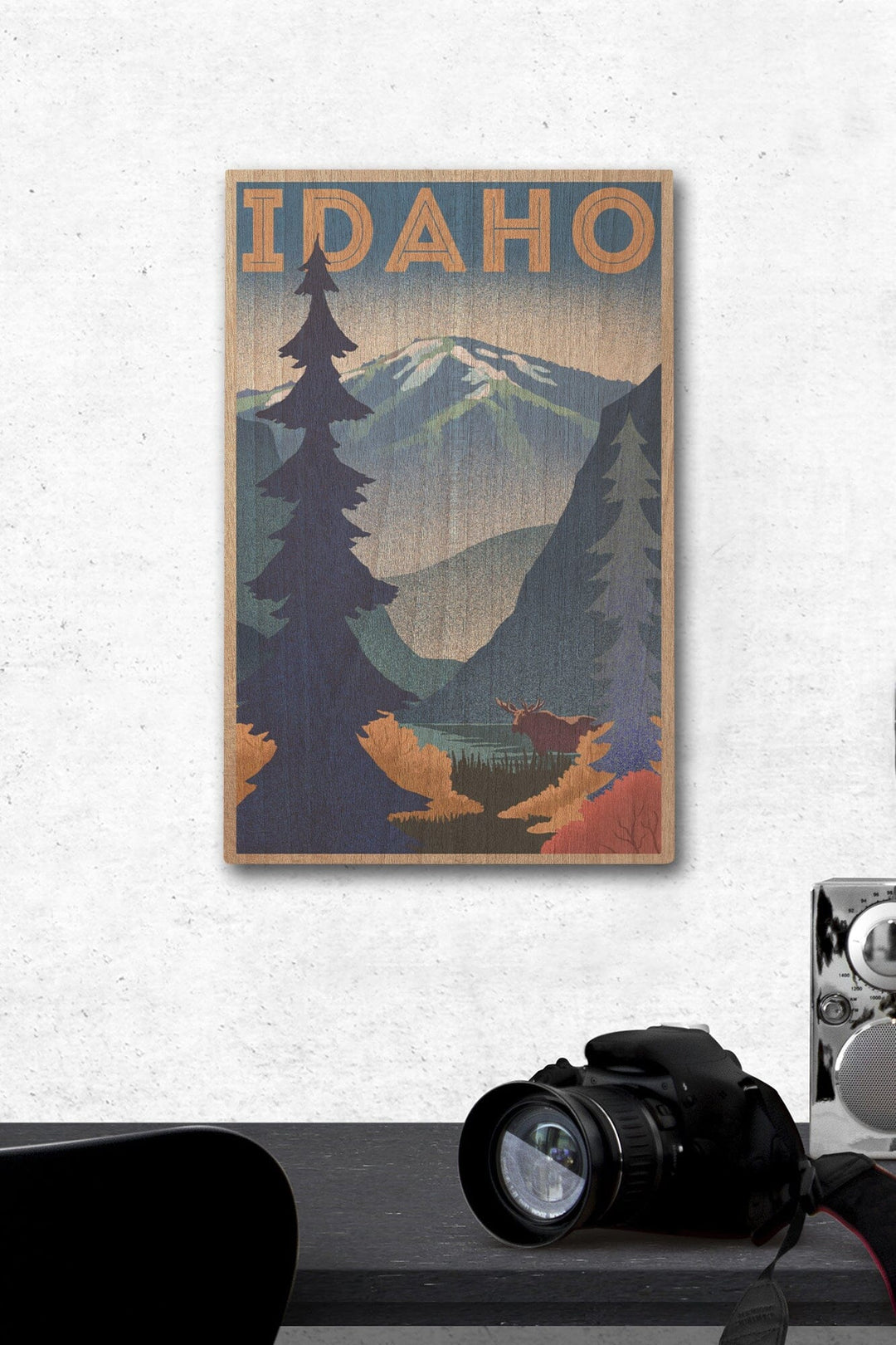 Idaho, Moose & Mountain, Lithograph, Lantern Press Artwork, Wood Signs and Postcards Wood Lantern Press 12 x 18 Wood Gallery Print 