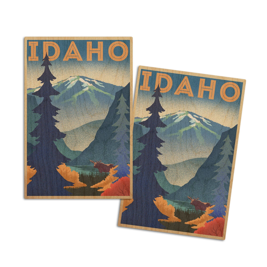 Idaho, Moose & Mountain, Lithograph, Lantern Press Artwork, Wood Signs and Postcards Wood Lantern Press 4x6 Wood Postcard Set 