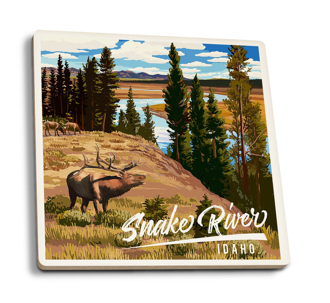 Idaho, Snake River & Elk, Lantern Press Artwork, Coaster Set Coasters Lantern Press 