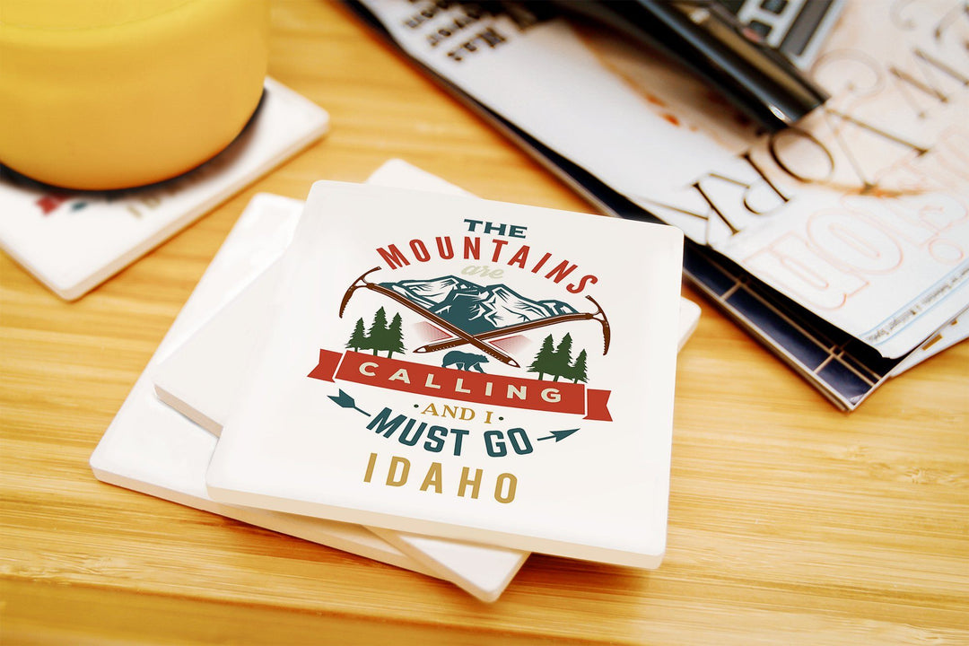 Idaho, The Mountains are Calling, Bear & Mountains, Contour, Lantern Press Artwork, Coaster Set Coasters Lantern Press 