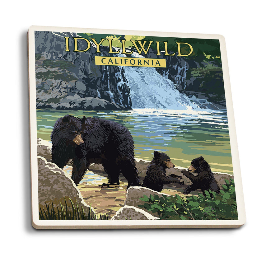 Idyllwild, California, Bear Family & Waterfall, Lantern Press Artwork, Coaster Set Coasters Lantern Press 