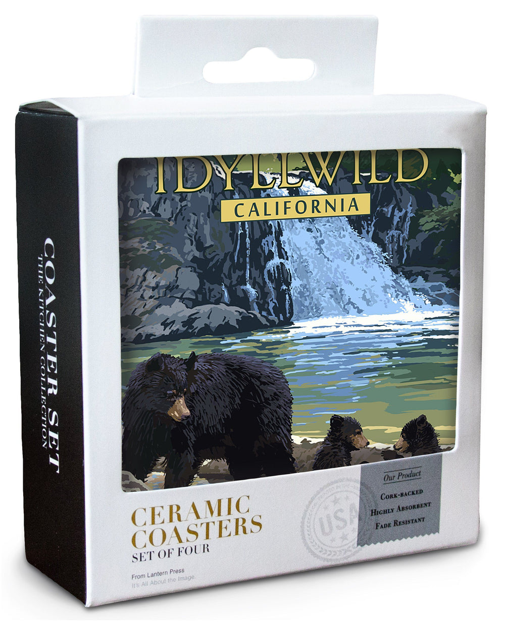 Idyllwild, California, Bear Family & Waterfall, Lantern Press Artwork, Coaster Set Coasters Lantern Press 