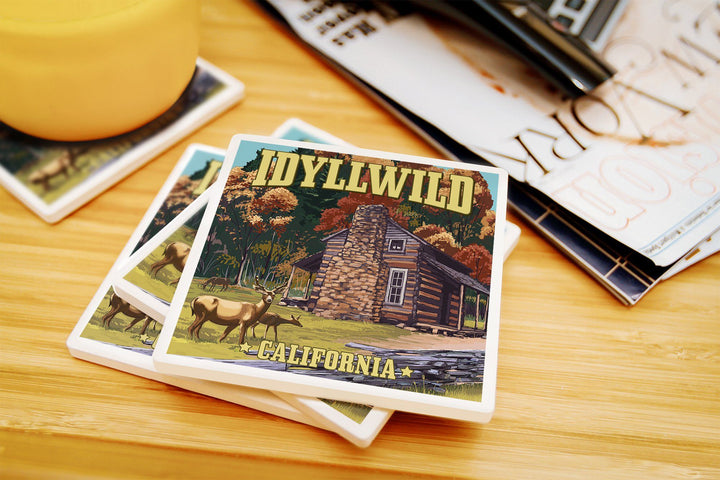 Idyllwild, California, Deer Family & Cabin Scene, Lantern Press Artwork, Coaster Set Coasters Lantern Press 