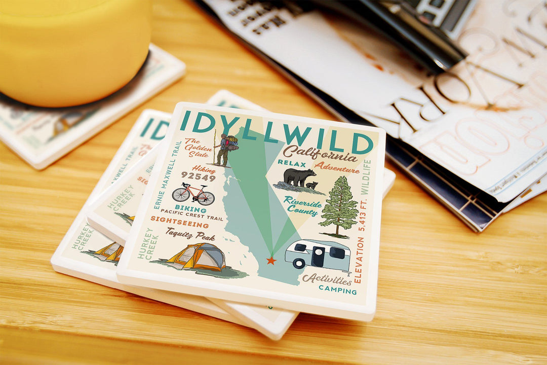 Idyllwild, California, Typography & Icons, Lantern Press Artwork, Coaster Set Coasters Lantern Press 