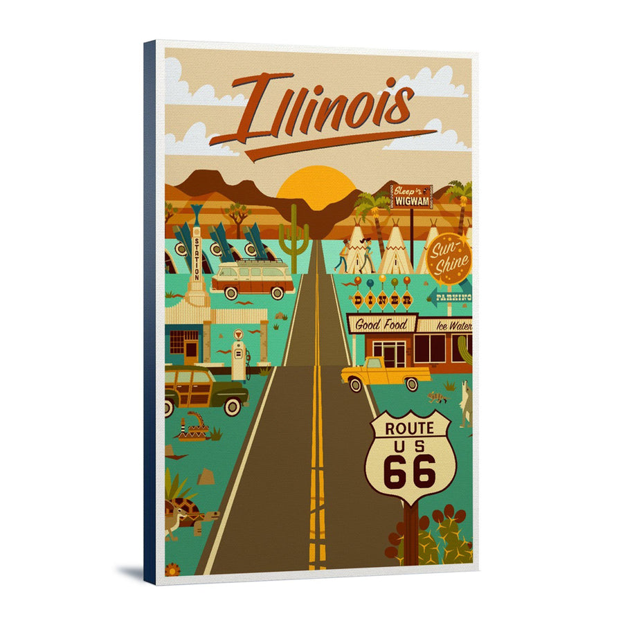 Illinois, Route 66, Geometric, Lantern Press Artwork, Stretched Canvas Canvas Lantern Press 