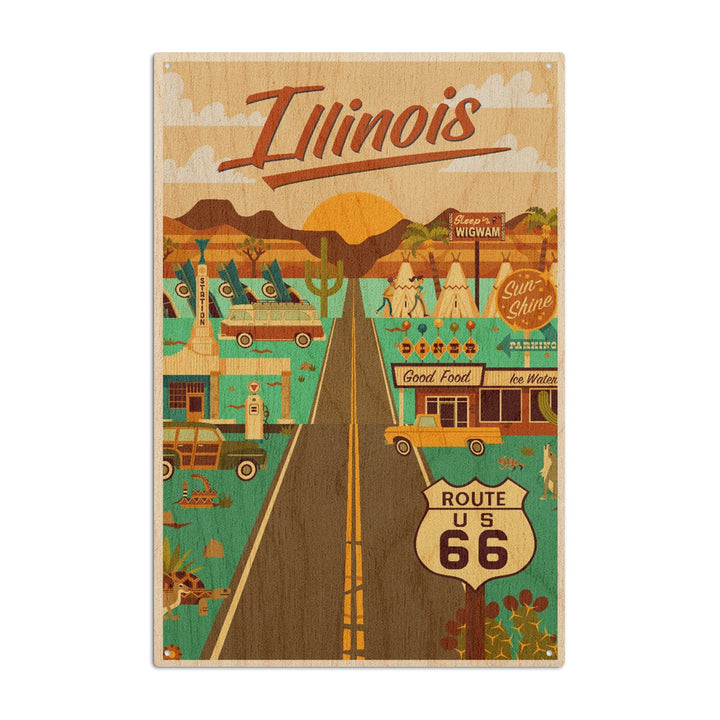 Illinois, Route 66, Geometric, Lantern Press Artwork, Wood Signs and Postcards Wood Lantern Press 10 x 15 Wood Sign 