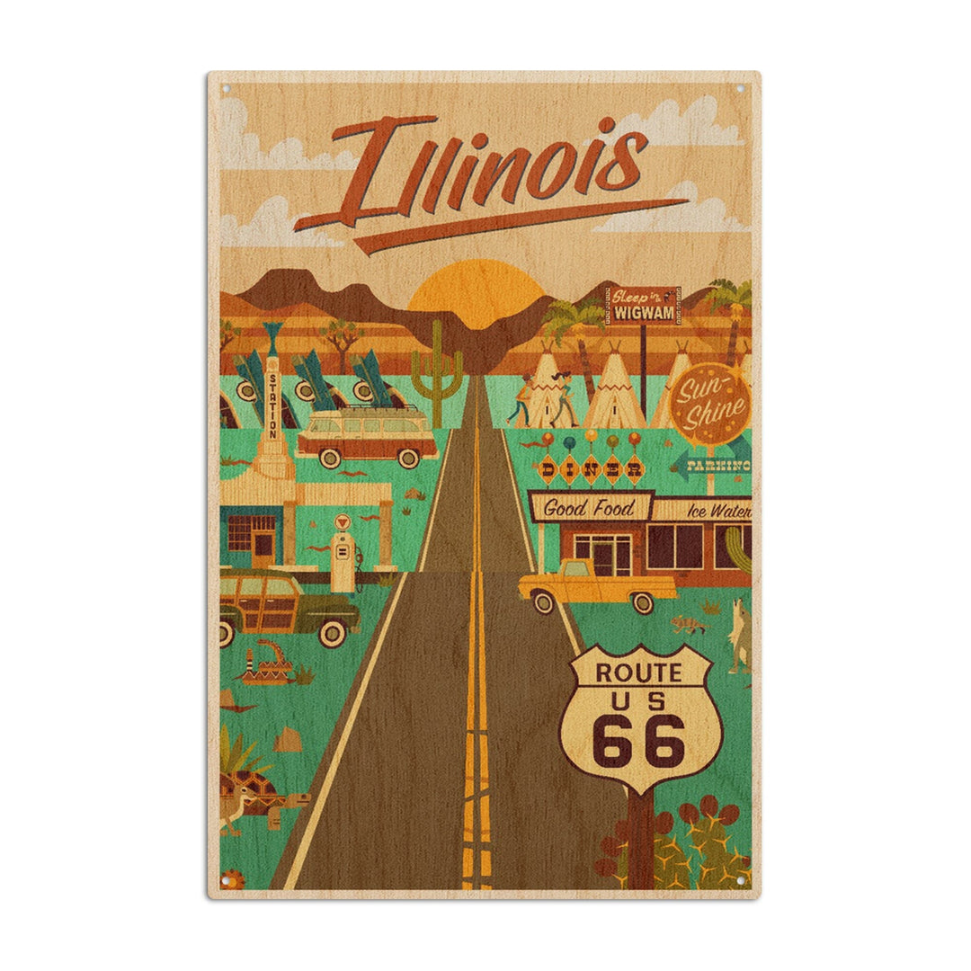 Illinois, Route 66, Geometric, Lantern Press Artwork, Wood Signs and Postcards Wood Lantern Press 6x9 Wood Sign 