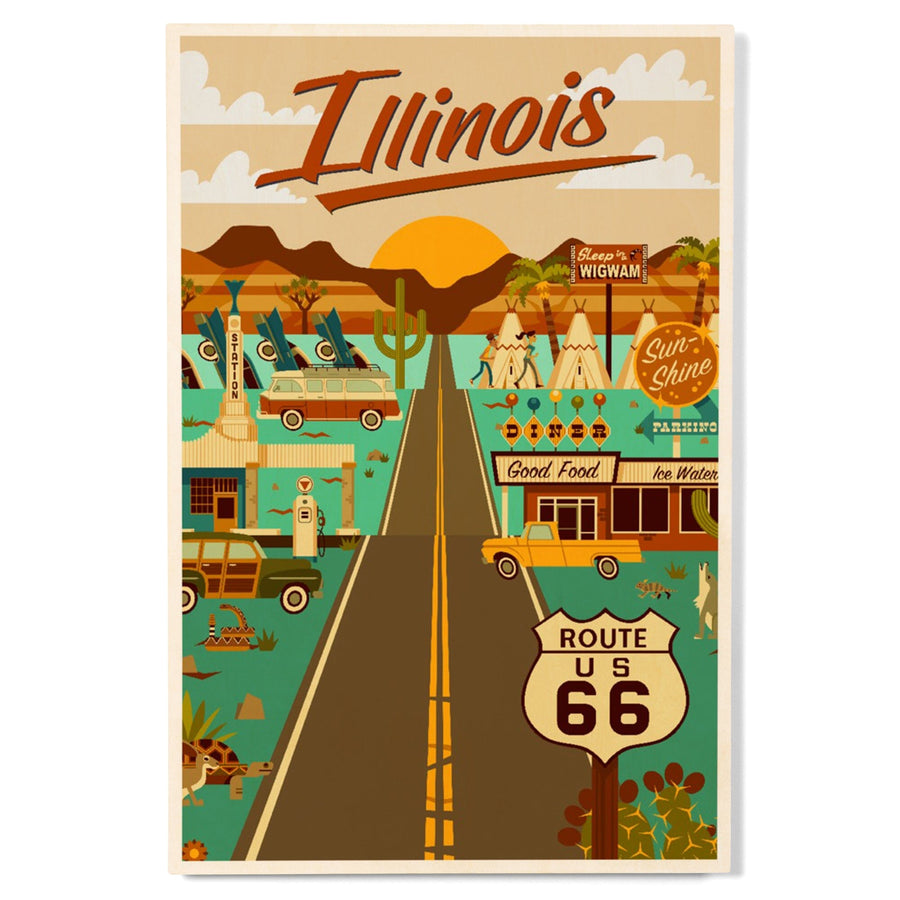 Illinois, Route 66, Geometric, Lantern Press Artwork, Wood Signs and Postcards Wood Lantern Press 