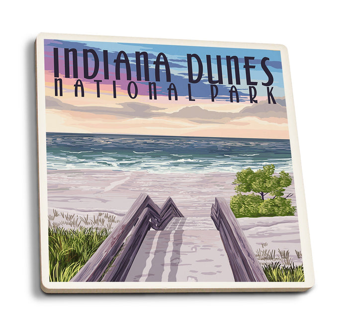 Indiana Dunes National Park, Lake Michigan, Beach Boardwalk Scene, Lantern Press Artwork, Coaster Set Coasters Lantern Press 