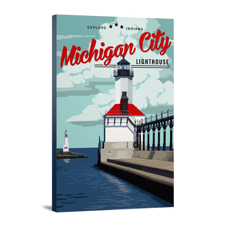 Indiana, Michigan City Lighthouse and Pier, Lantern Press Artwork, Stretched Canvas Canvas Lantern Press 12x18 Stretched Canvas 