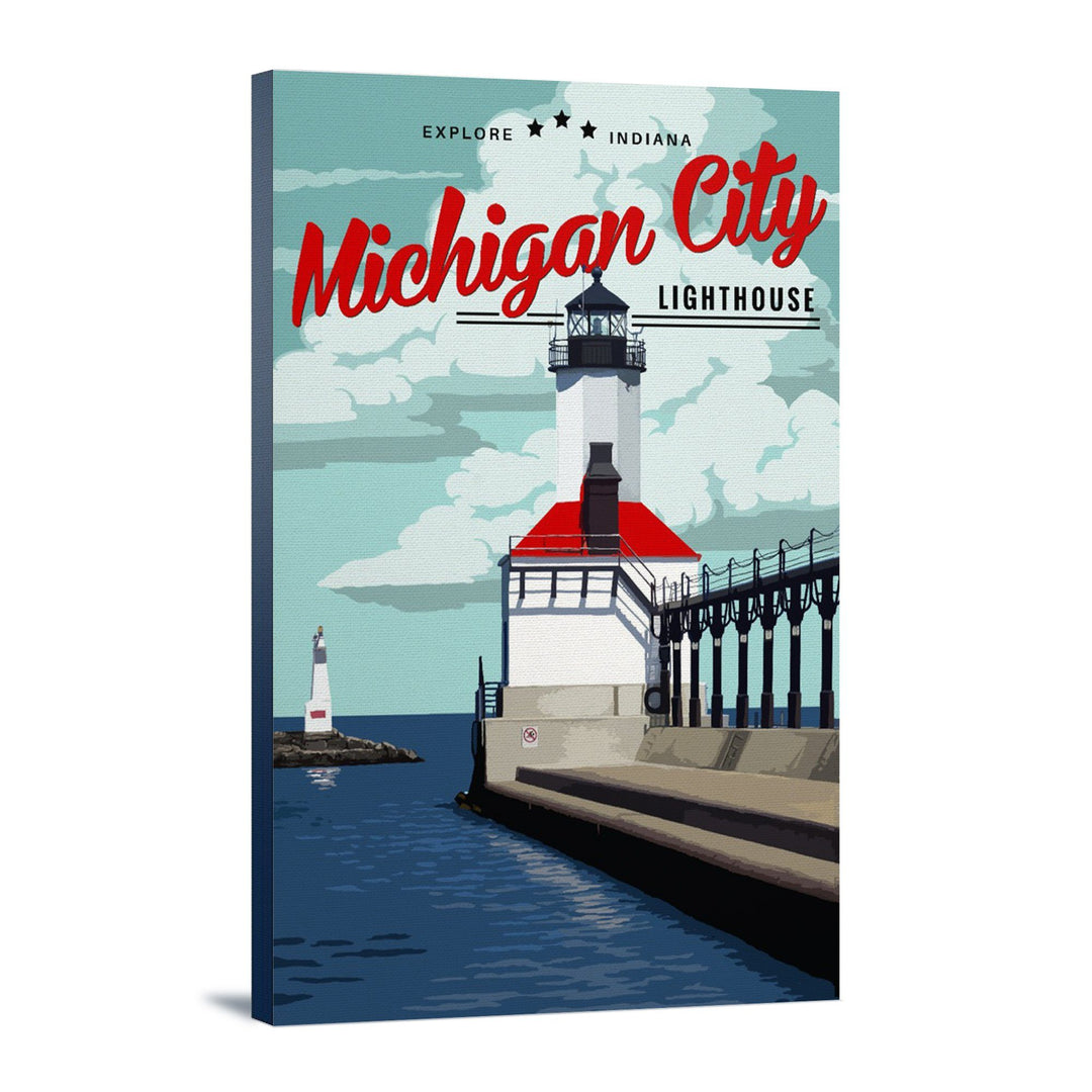 Indiana, Michigan City Lighthouse and Pier, Lantern Press Artwork, Stretched Canvas Canvas Lantern Press 
