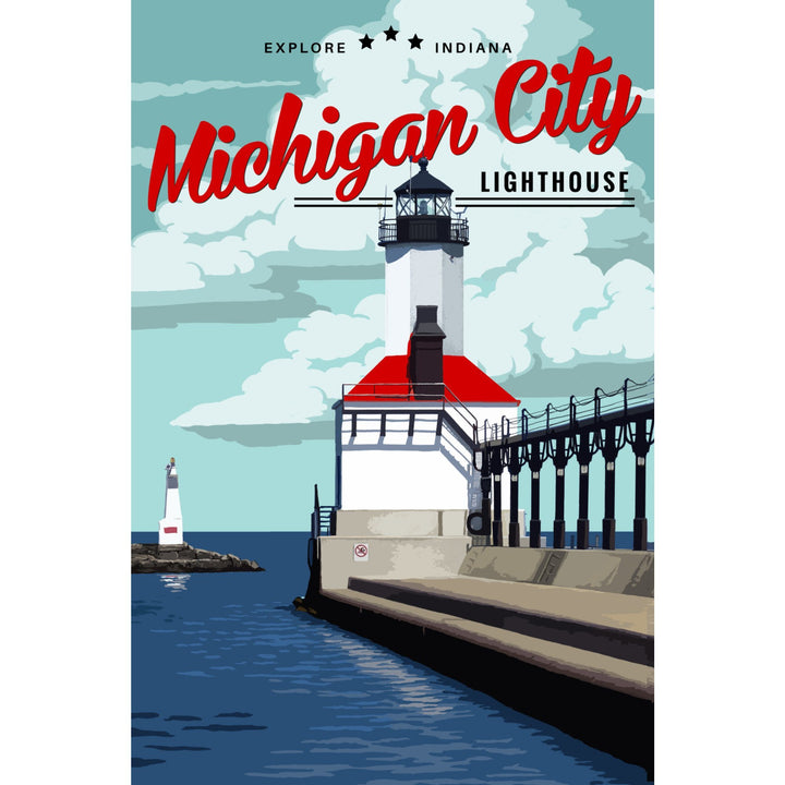 Indiana, Michigan City Lighthouse and Pier, Lantern Press Artwork, Stretched Canvas Canvas Lantern Press 