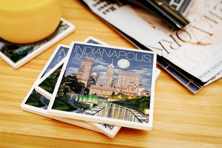 Indianapolis, Indiana, Indianapolis at Night, Lantern Press Artwork, Coaster Set Coasters Lantern Press 