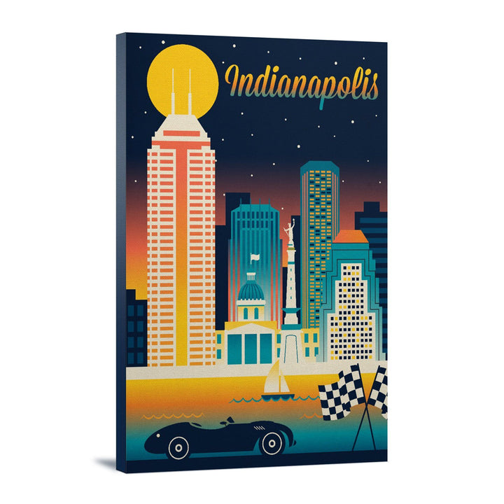 Indianapolis, Indiana, Retro Skyline Chromatic Series, Lantern Press Artwork, Stretched Canvas Canvas Lantern Press 