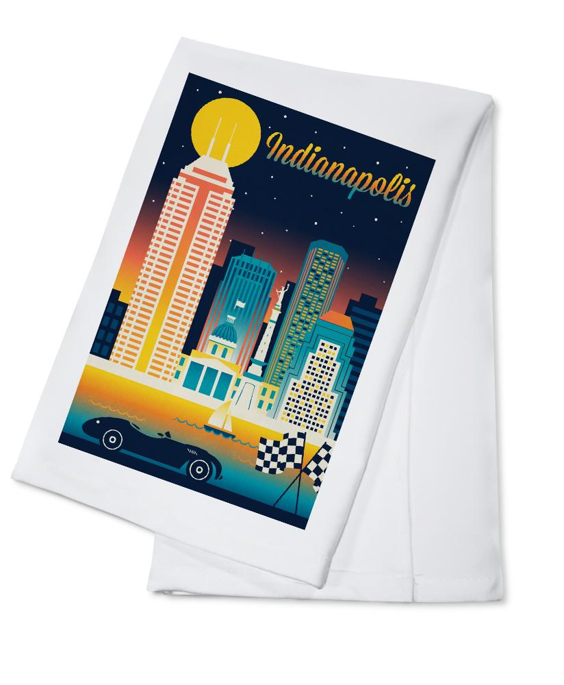 Indianapolis, Indiana, Retro Skyline Chromatic Series, Lantern Press Artwork, Towels and Aprons Kitchen Lantern Press 