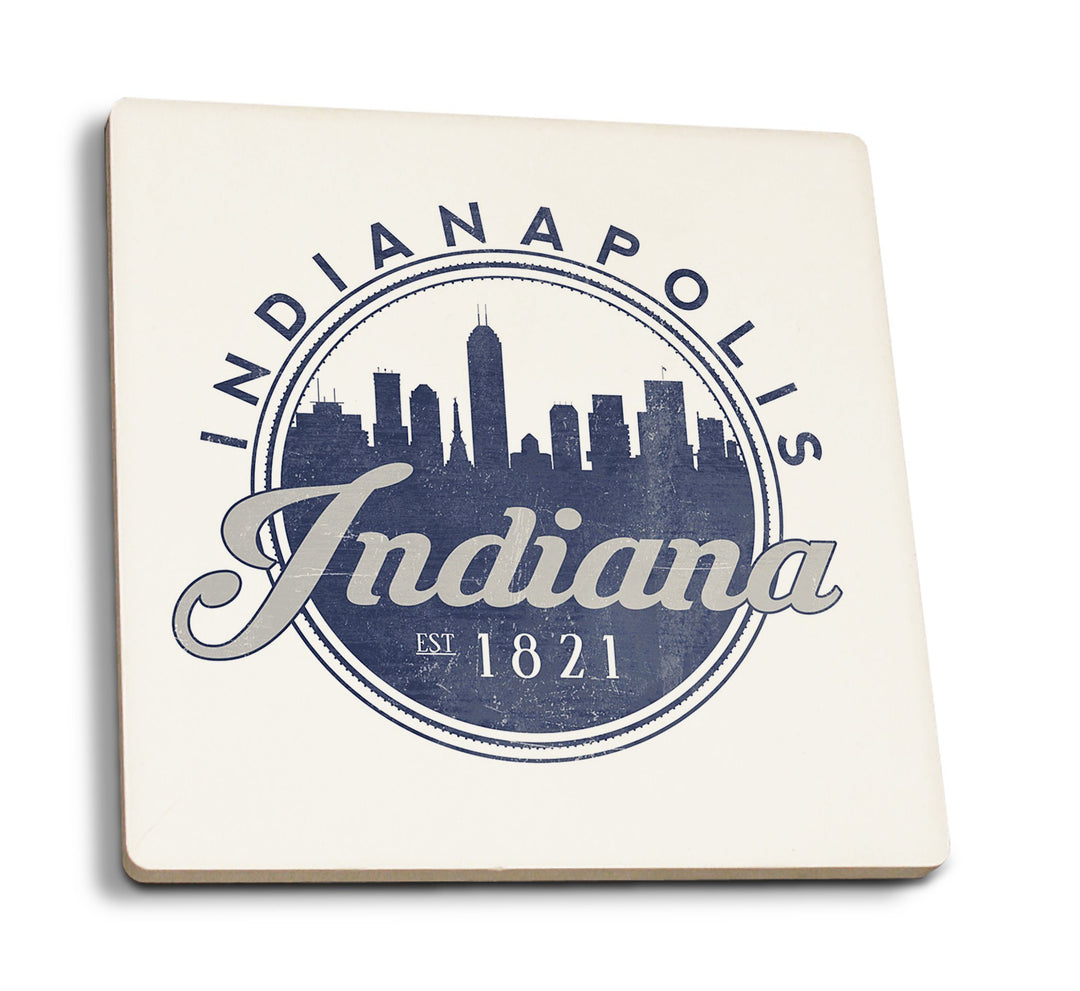 Indianapolis, Indiana, Skyline Seal (Blue), Established 1821, Lantern Press Artwork, Coaster Set Coasters Lantern Press 