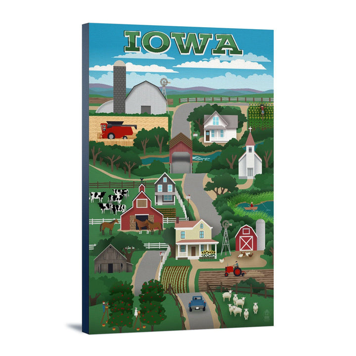Iowa, Retro Style Countryside, Lantern Press Artwork, Stretched Canvas Canvas Lantern Press 
