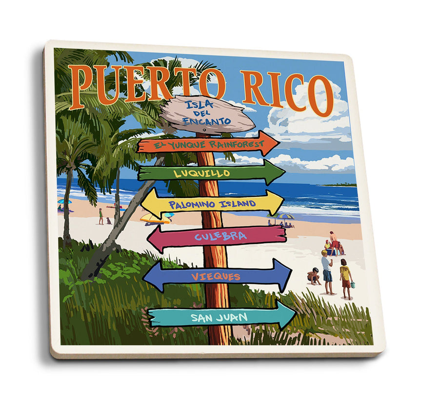Isla del Encanto, Puerto Rico, Destinations Sign, Lantern Press Artwork, Coaster Set Coasters Lantern Press 
