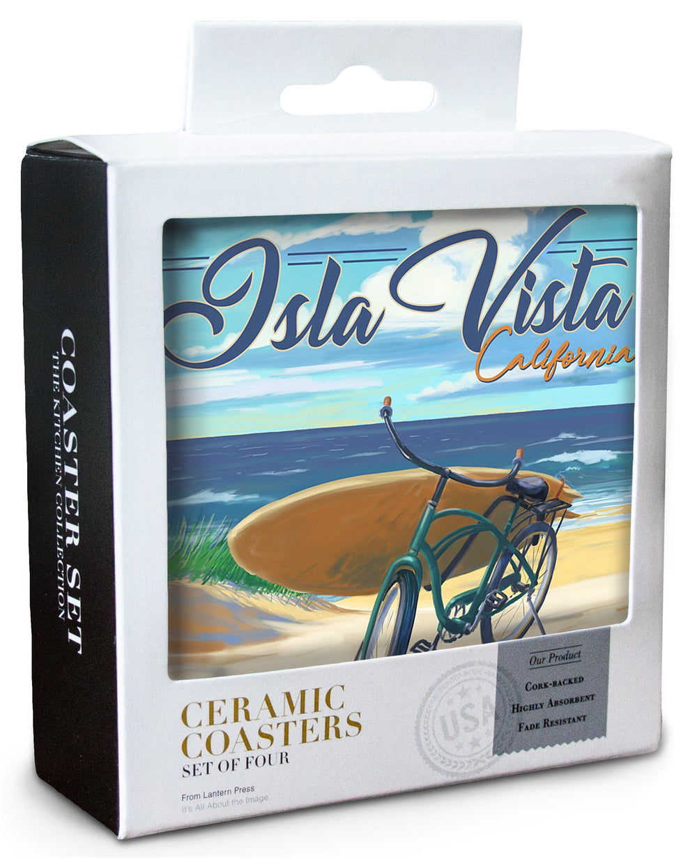 Isla Vista, California, Beach Cruiser on Beach, Lantern Press Artwork, Coaster Set Coasters Lantern Press 