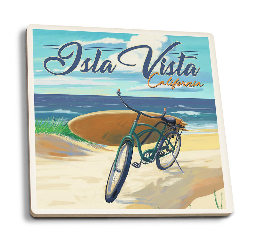 Isla Vista, California, Beach Cruiser on Beach, Lantern Press Artwork, Coaster Set Coasters Lantern Press 