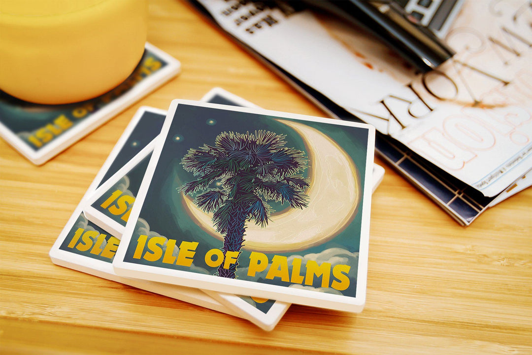 Isle of Palms, South Carolina, Palmetto Moon & Palm, Lantern Press Artwork, Coaster Set Coasters Lantern Press 