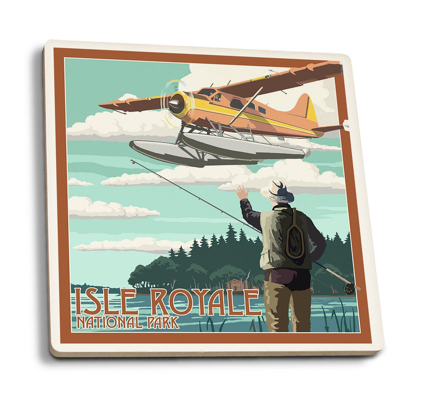 Isle Royale National Park, Michigan, Float Plane & Fisherman, Lantern Press Artwork, Coaster Set Coasters Lantern Press 