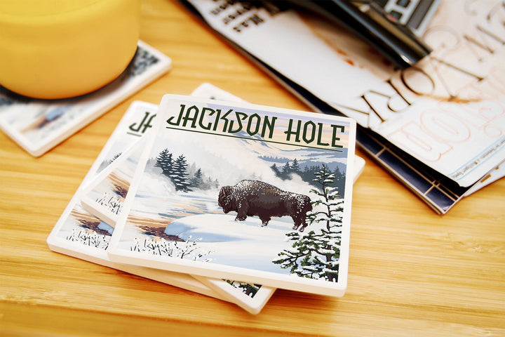 Jackson Hole, Wyoming, Bison Snow Scene, Lantern Press Artwork, Coaster Set Coasters Lantern Press 