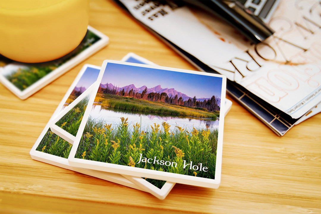 Jackson Hole, Wyoming, Flower Foreground, Lantern Press Photography, Coaster Set Coasters Lantern Press 