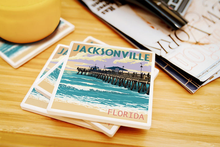 Jacksonville, Florida, Pier & Sunset, Lantern Press Artwork, Coaster Set Coasters Lantern Press 