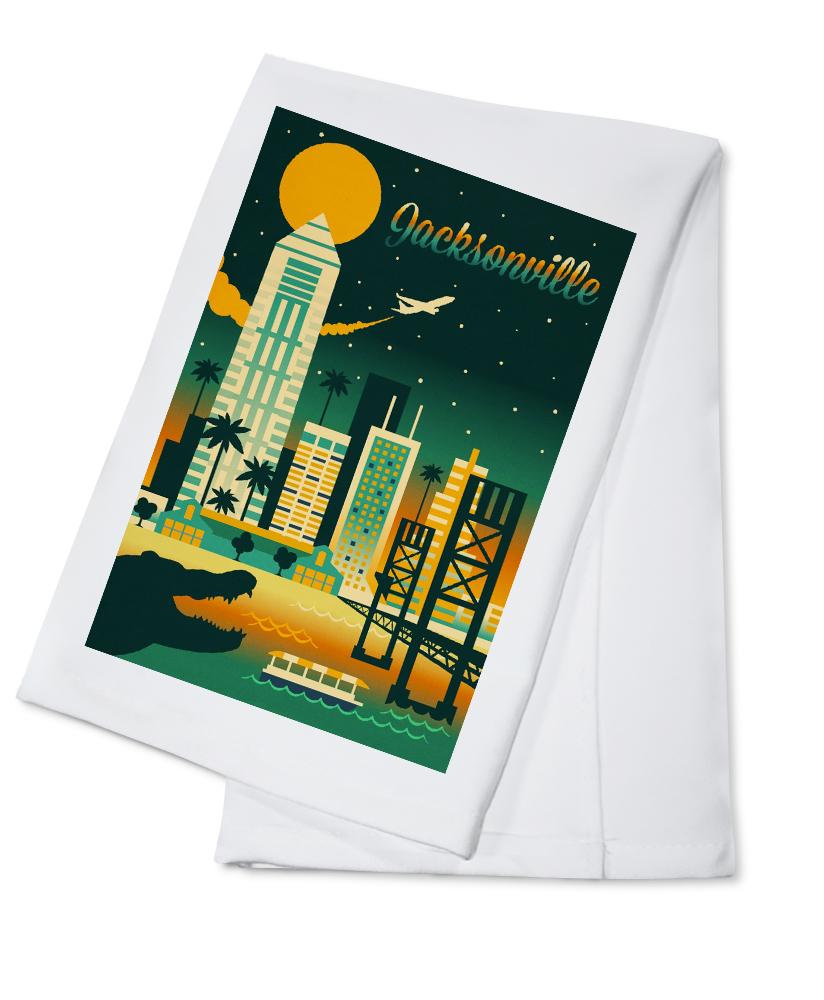 Jacksonville, Florida, Retro Skyline Chromatic Series, Lantern Press Artwork, Towels and Aprons Kitchen Lantern Press Cotton Towel 