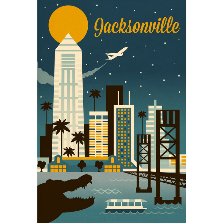 Jacksonville, Florida, Retro Skyline Series, Lantern Press Artwork, Stretched Canvas Canvas Lantern Press 