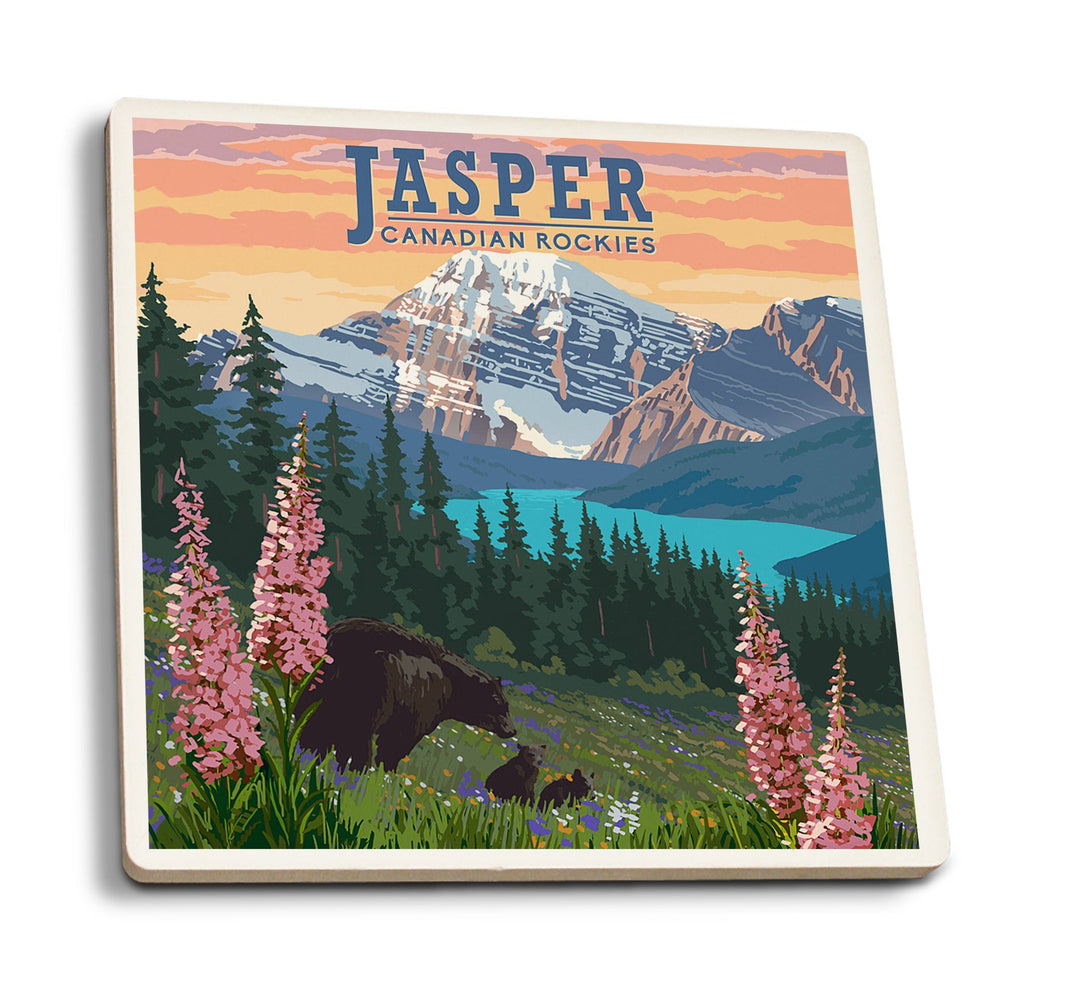 Jasper, Canada, Bear & Spring Flowers, Lantern Press Artwork, Coaster Set Coasters Lantern Press 