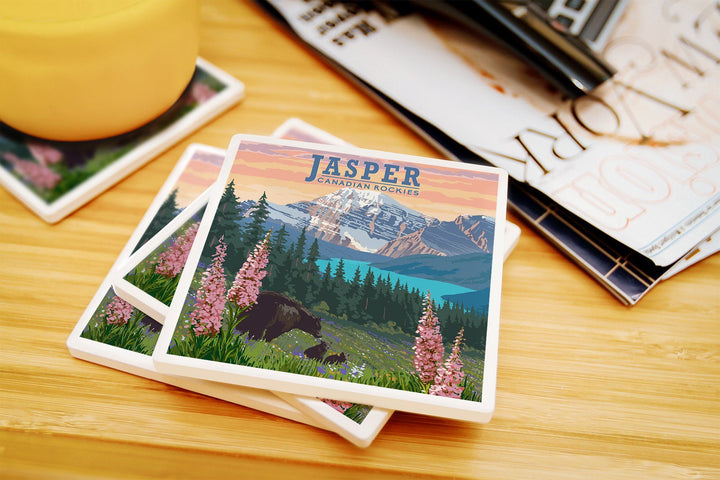 Jasper, Canada, Bear & Spring Flowers, Lantern Press Artwork, Coaster Set Coasters Lantern Press 