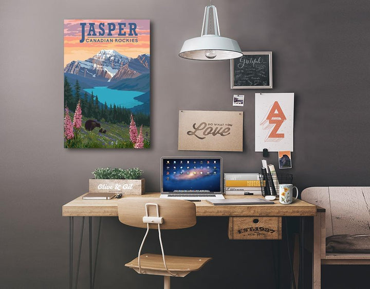 Jasper, Canada, Bear & Spring Flowers, Lantern Press Artwork, Stretched Canvas Canvas Lantern Press 